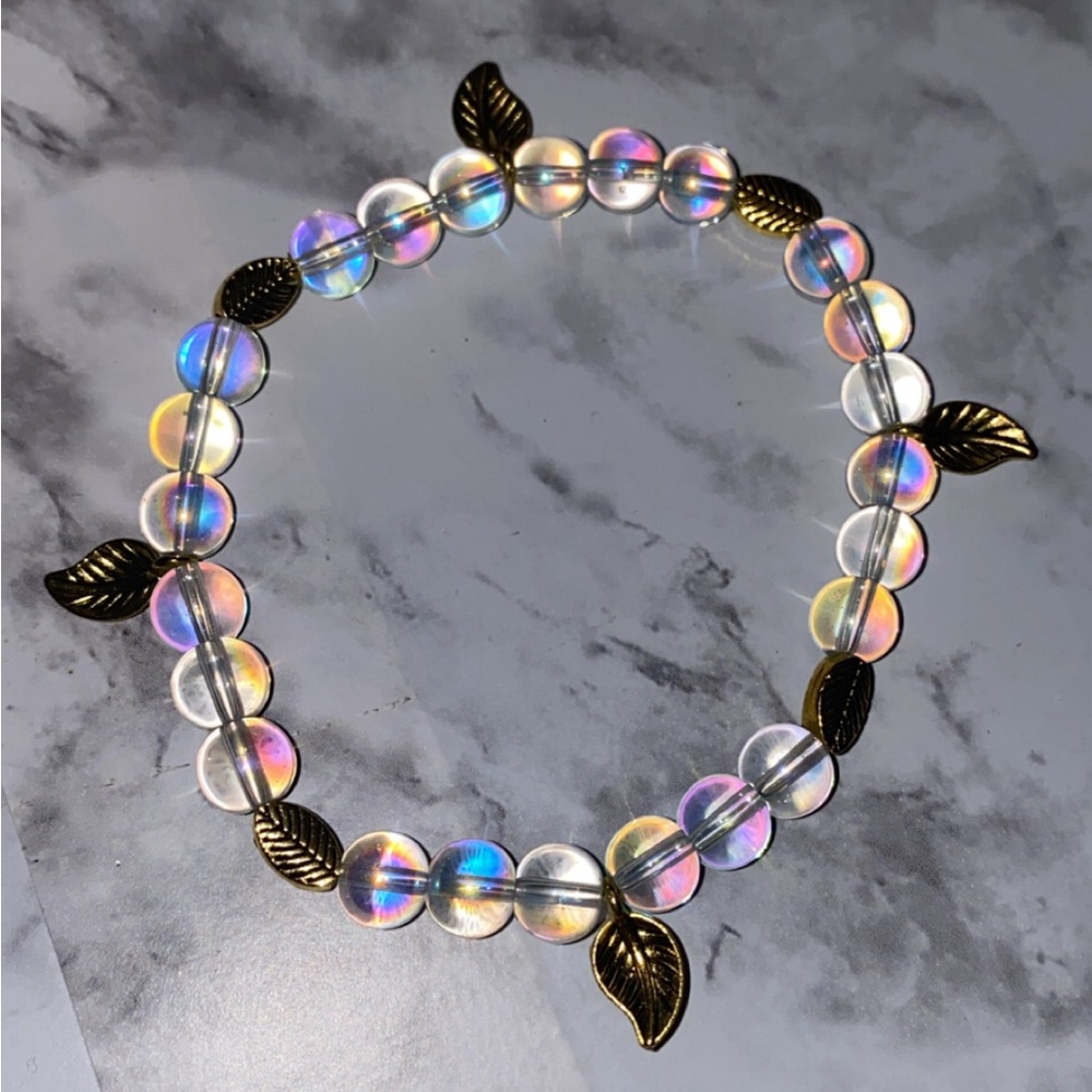 Iridescent Beaded anklet with Gold Leaf Accents